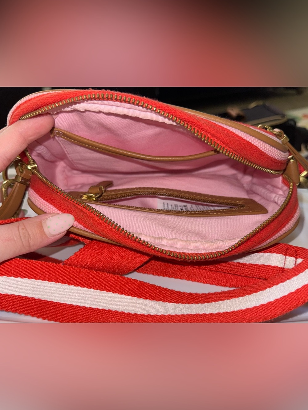 Boden: pink and red striped canvas cross body purse - Picture 3 of 3